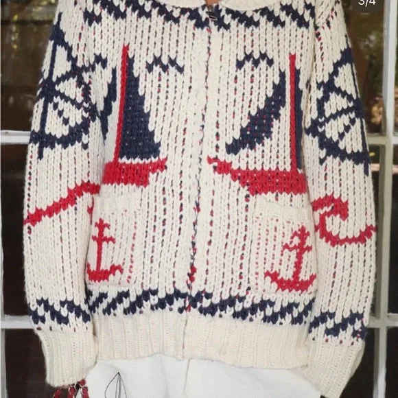 Cream Nautical Anchor Knit Cardigan Sweater - Women - Picture 3 of 4
